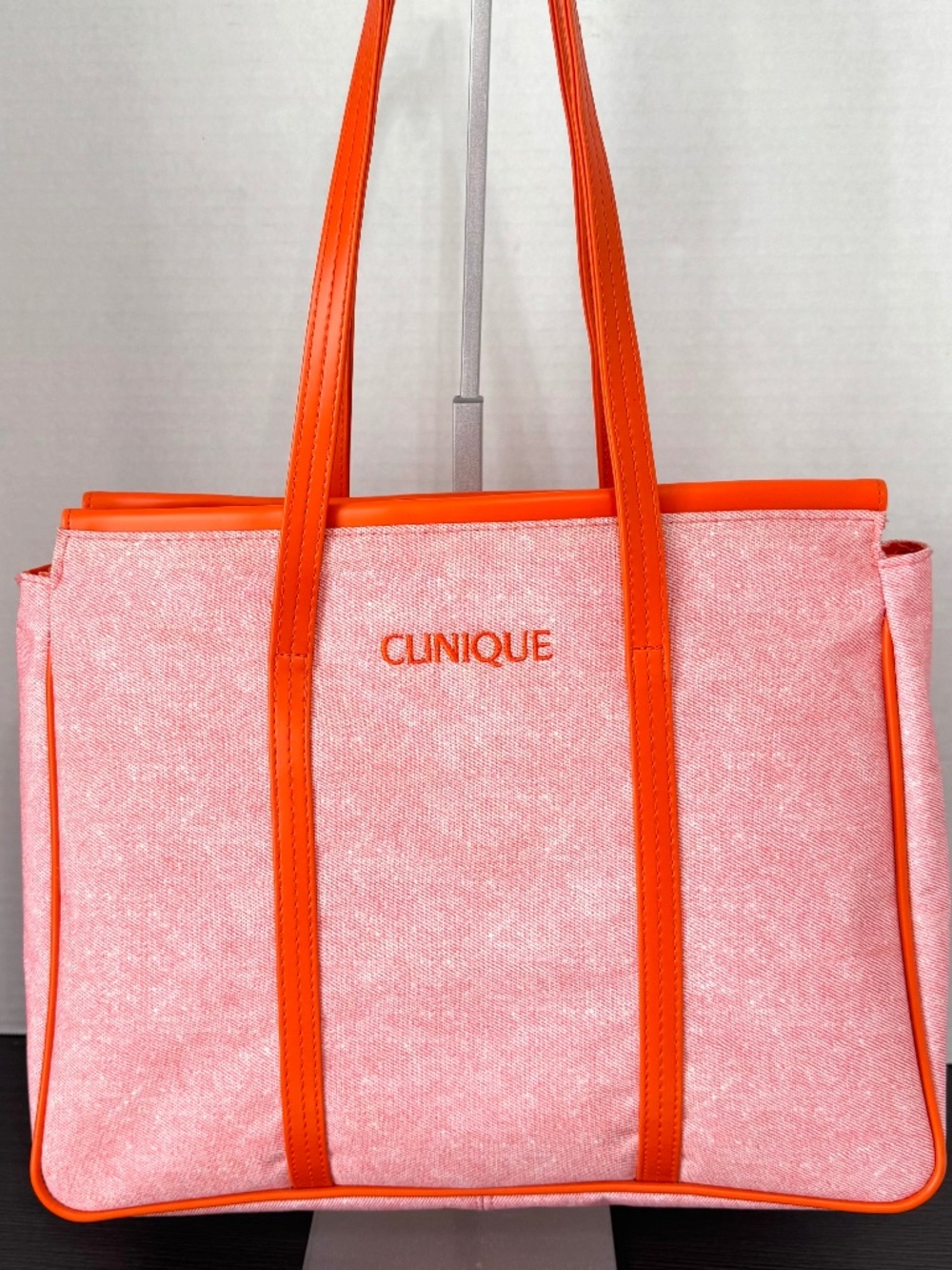 CLINIQUE Tote Shoulder Bag Orange/White Travel Carry-On Beach Summer